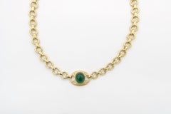 8.79 Carat Cabochon Emerald Diamond 18k Yellow Gold Tag Rolo Chain Necklace
