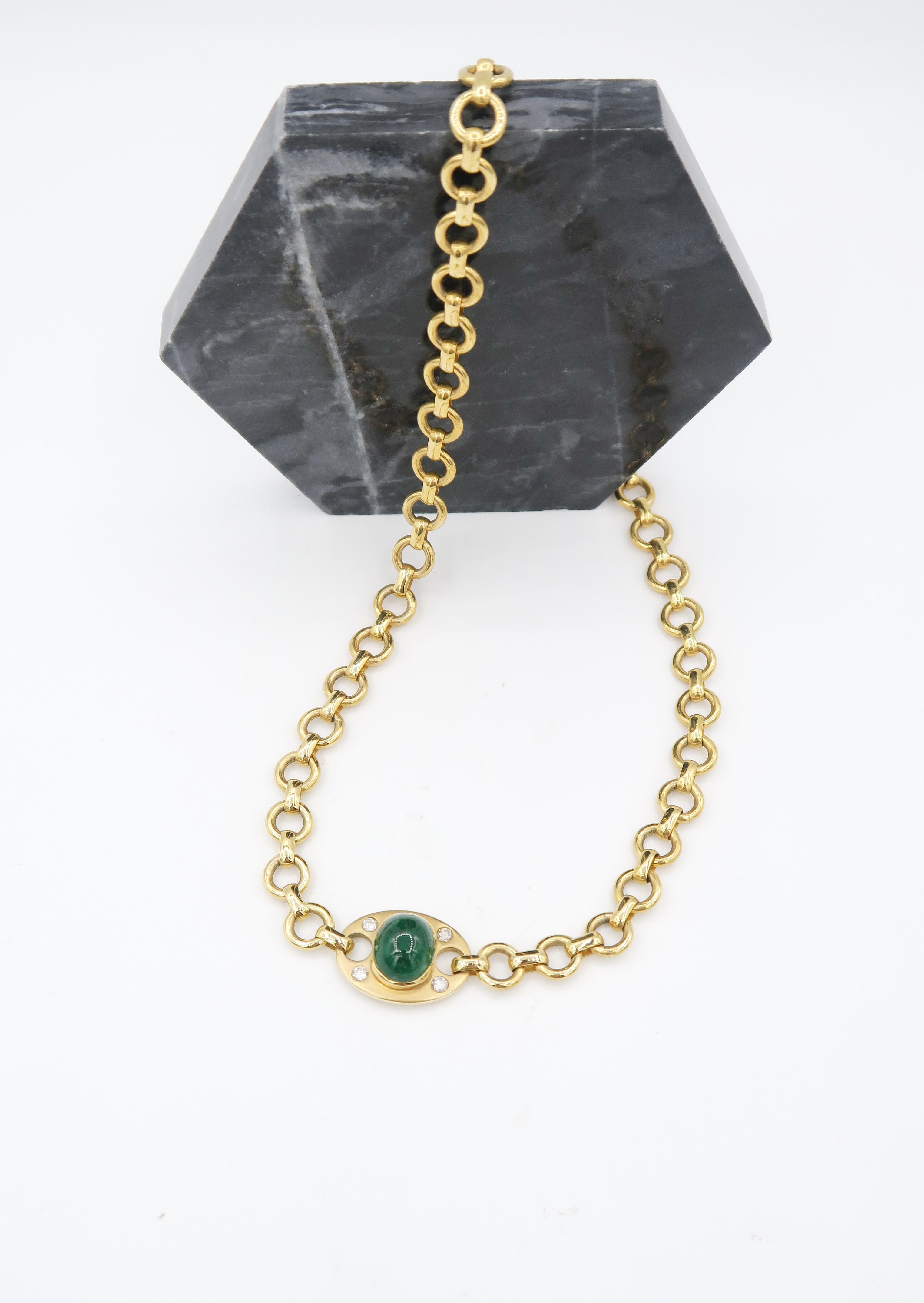 8.79 Carat Cabochon Emerald Diamond 18k Yellow Gold Tag Rolo Chain Necklace In New Condition For Sale In Bangkok, TH