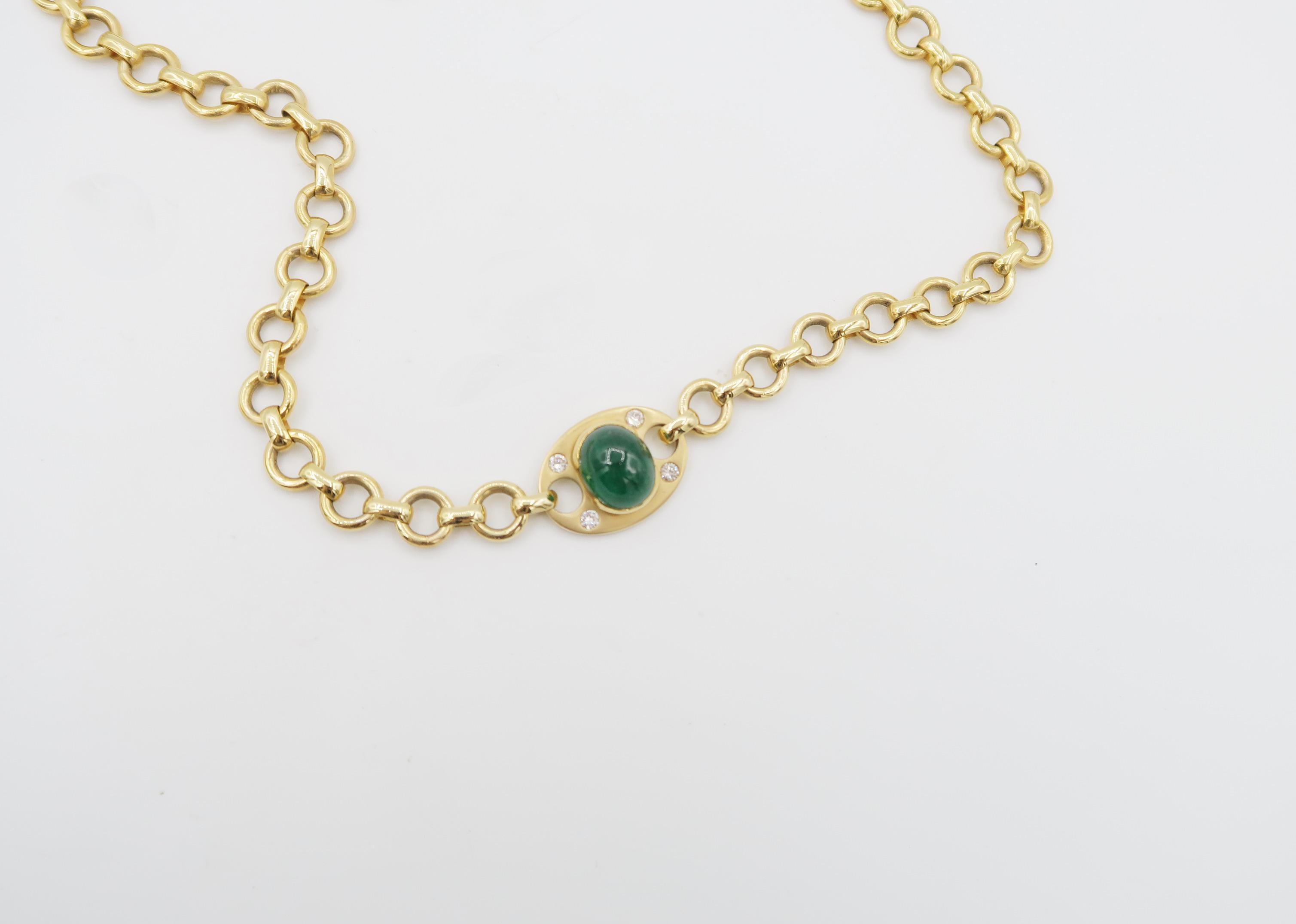 8.79 Carat Cabochon Emerald Diamond 18k Yellow Gold Tag Rolo Chain Necklace For Sale 1