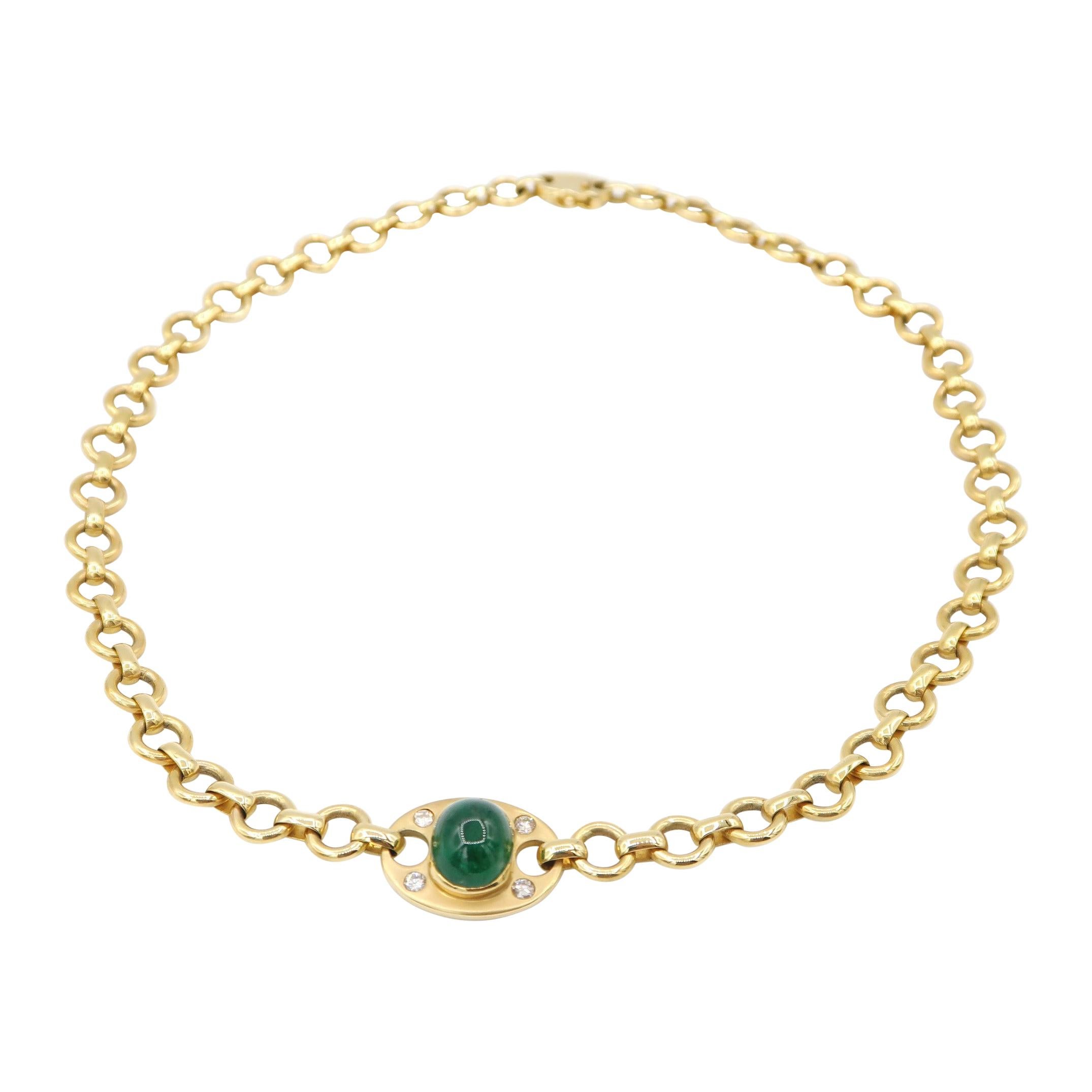 8.79 Carat Cabochon Emerald Diamond 18k Yellow Gold Tag Rolo Chain Necklace