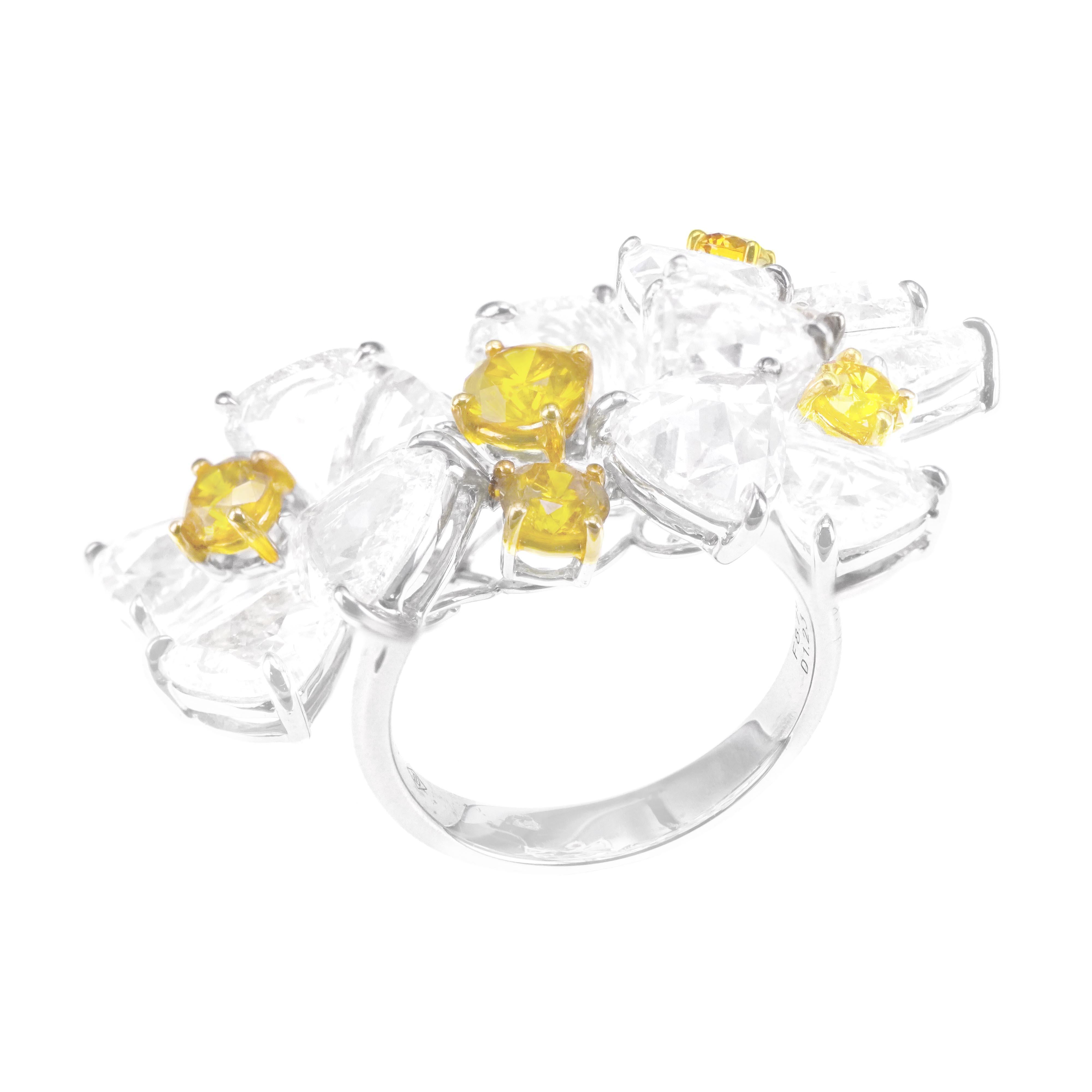 Art Nouveau 8.79 Carat D Color White Diamond and 1.23 Carat Vivid Yellow Collectors Ring For Sale