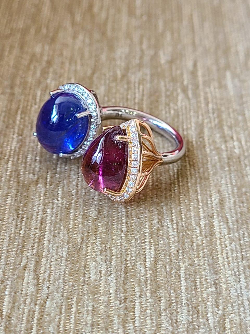 8.79 Carats, Tanzanite, Rubellite Cabochons & Diamonds Cocktail / Dome Ring In New Condition In Hong Kong, HK