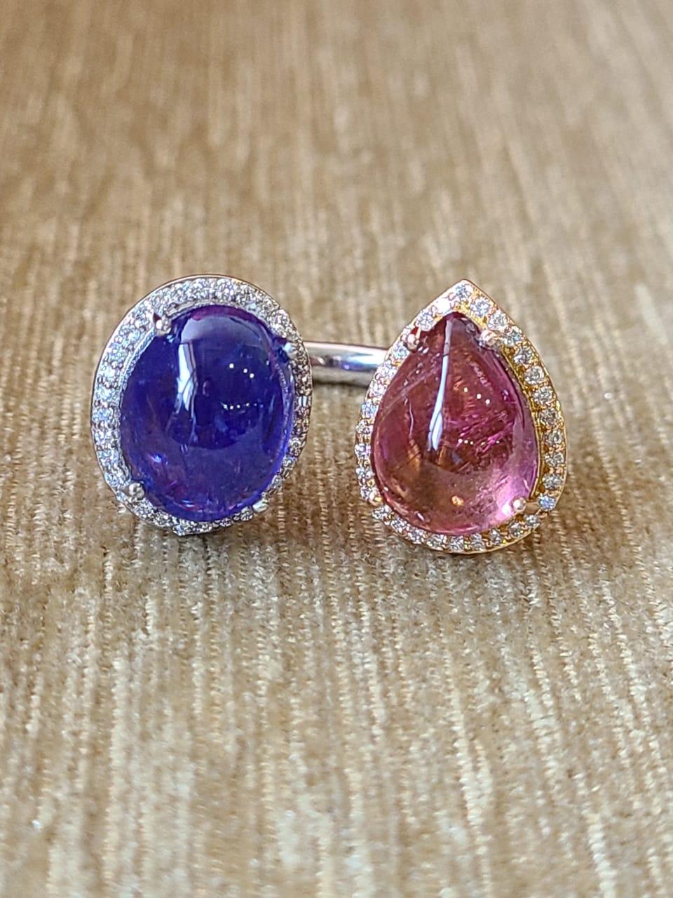 Women's or Men's 8.79 Carats, Tanzanite, Rubellite Cabochons & Diamonds Cocktail / Dome Ring