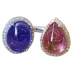 8.79 Carats, Tanzanite, Rubellite Cabochons & Diamonds Cocktail / Dome Ring