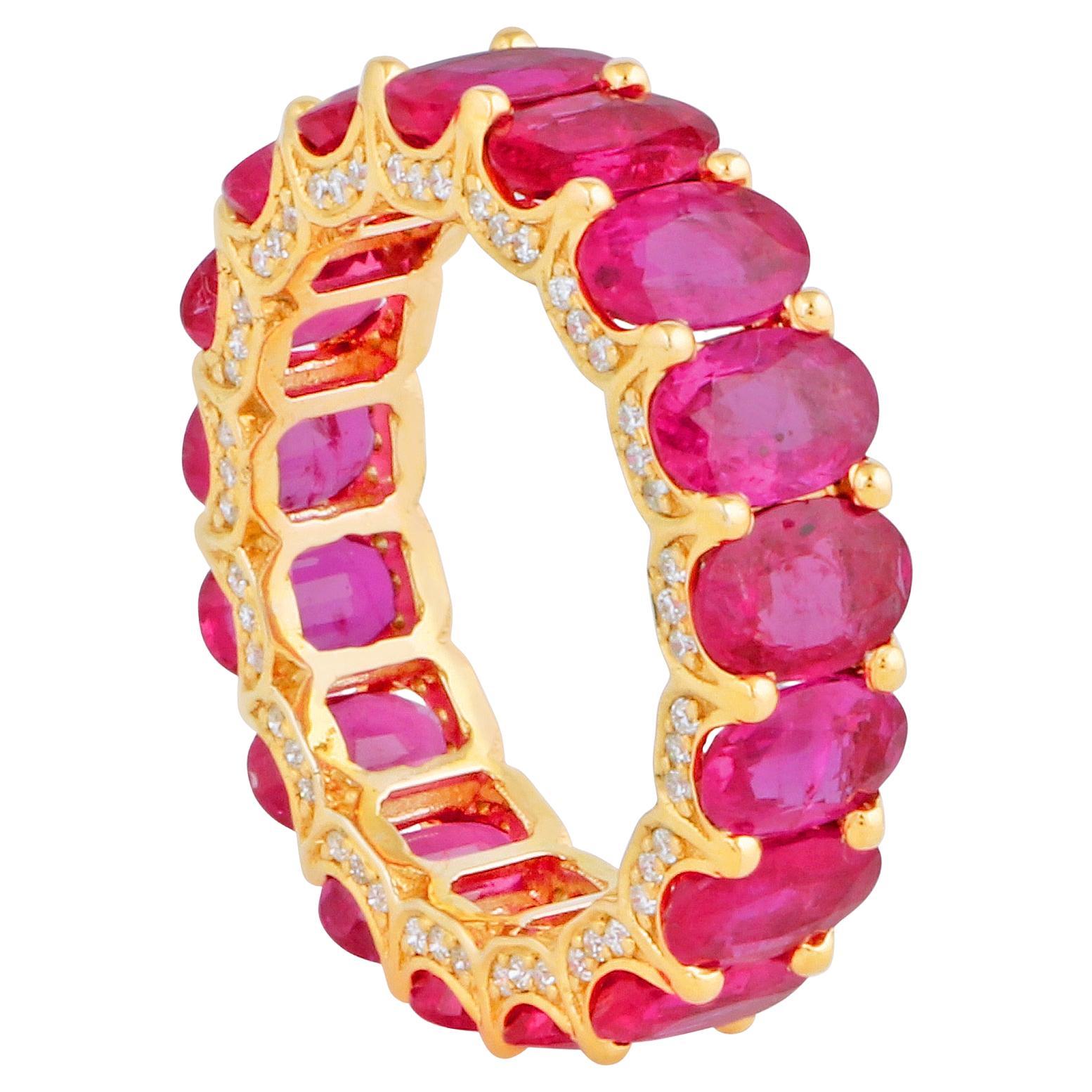 8.79 TCW Oval Ruby Diamond Eternity Band Ring 14K Yellow Gold