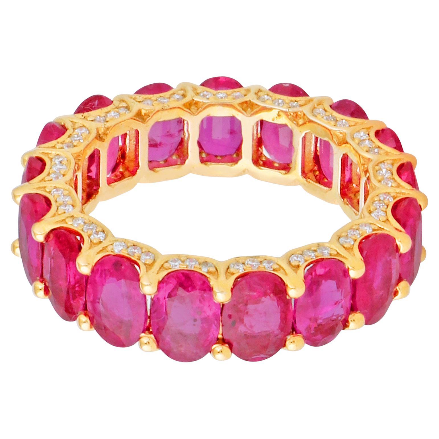 8.79 TCW Oval Ruby Diamond Eternity Band Ring 18K Yellow Gold