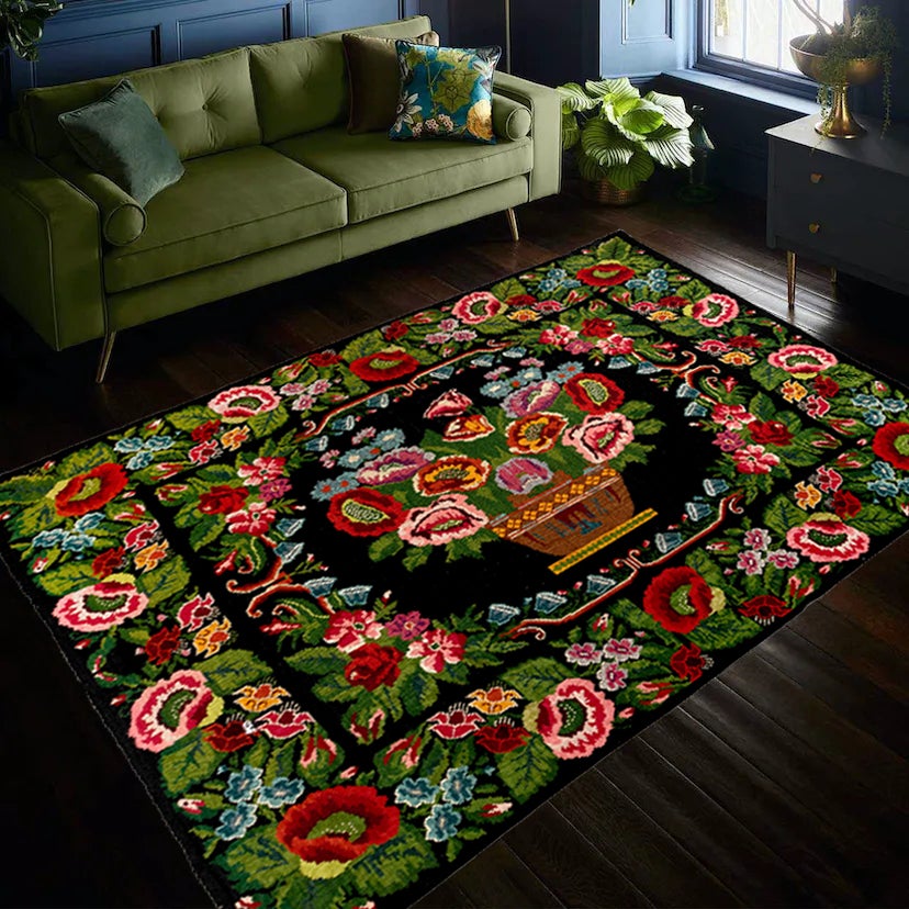 8.7x10.5 Ft Vintage Handmade Floral Bessarabian Kilim from Moldova, Wall Hanging