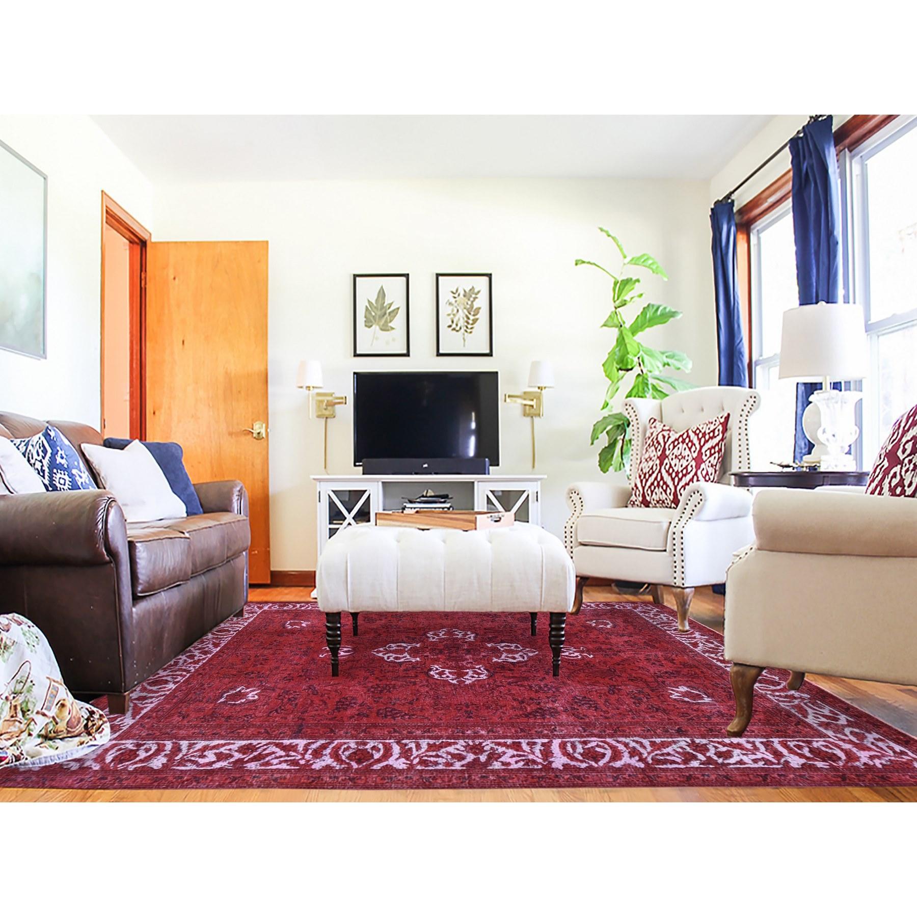 Red Overdyed, Pure Wool Persian Tabriz, Hi-low Hand Knotted, Oriental Rug
Primary materials: Wool
Latex: No Pile 
height: 0.25 Inches
Style: Transitional
Primary color: Red
Secondary colors: Black
Pattern: Oriental