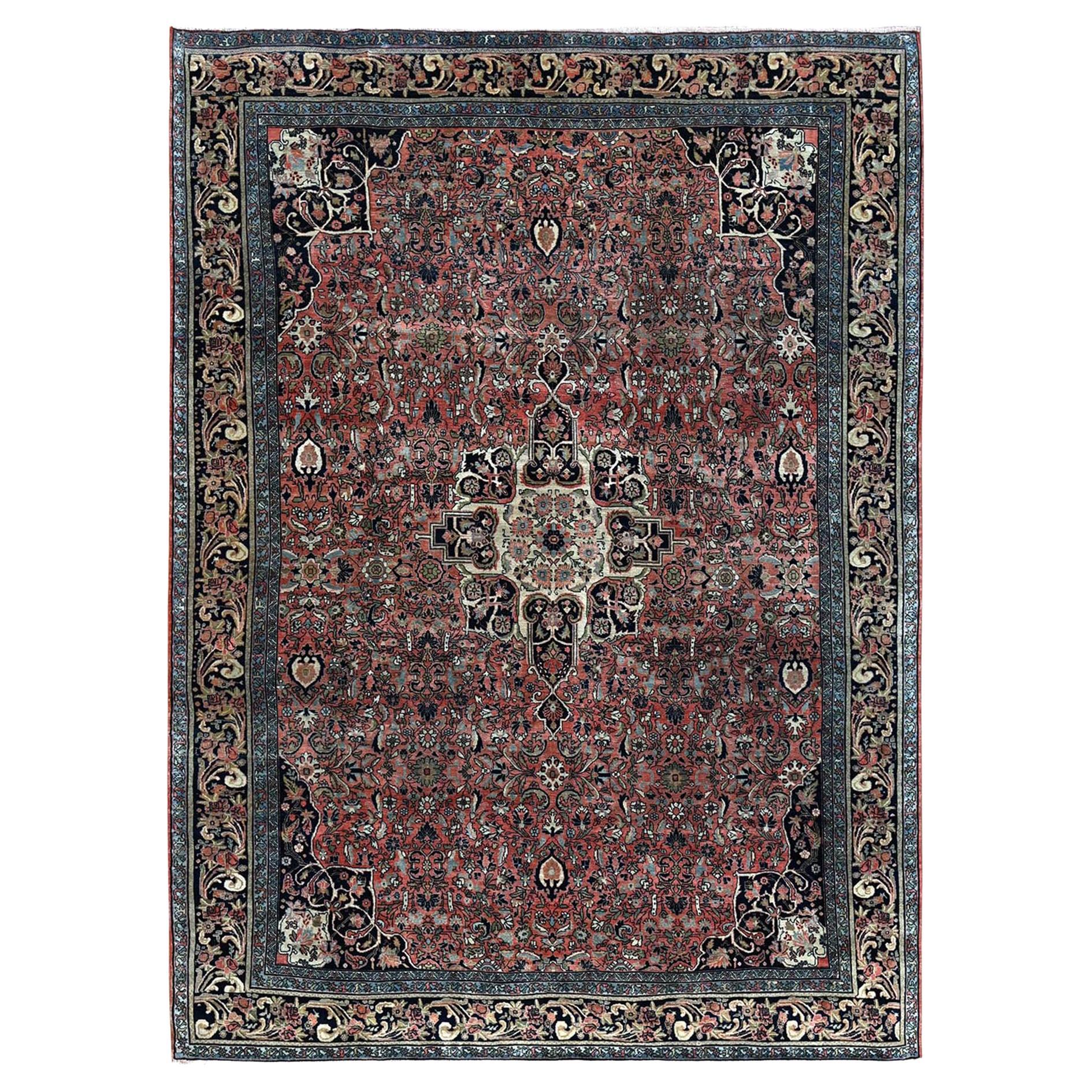 8'7"x11'10" Blush Red Antique Persian Bijar Full Pile Hand Knotted Soft Wool Rug