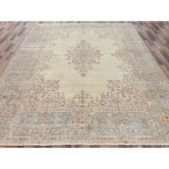 8'7"x11'10" Ivory Vintage Zoroastrian Karman Sheared Low Hand Knotted Wool Rug