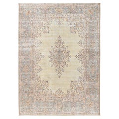 8'7"x11'10" Ivory Vintage Zoroastrian Karman Sheared Low Hand Knotted Wool Rug