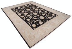 8.7x11.4 ft Hand Knotted Floral Oushak Wool Large Area Rug in Black and Beige
