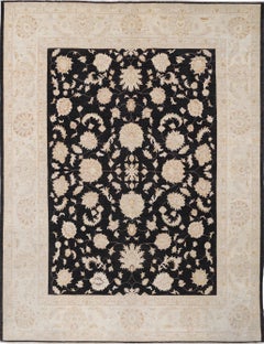 8.7x11.4 ft Hand Knotted Floral Oushak Wool Large Area Rug in Black and Beige