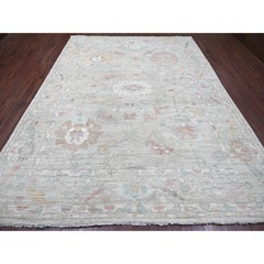 8'7"x11'4" Light Green Afghan Angora Oushak Leaf Design Hand Knotted Wool Rug