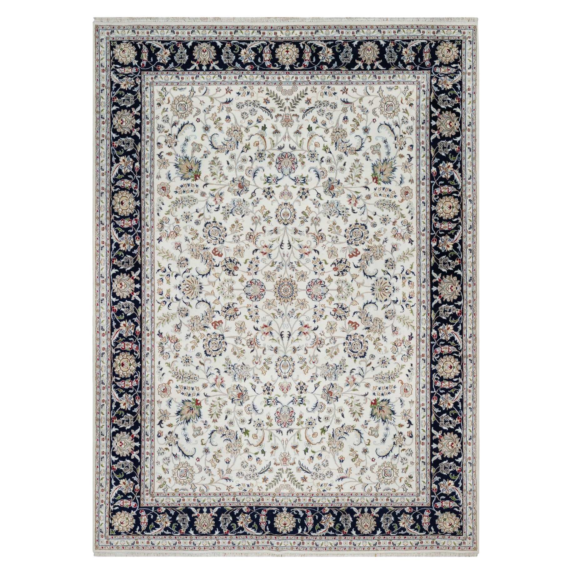 8'7 "x11'8" Cotton White Hand Knotsted Nain with Flower Design Wool and Silk Rug (tapis de laine et de soie)