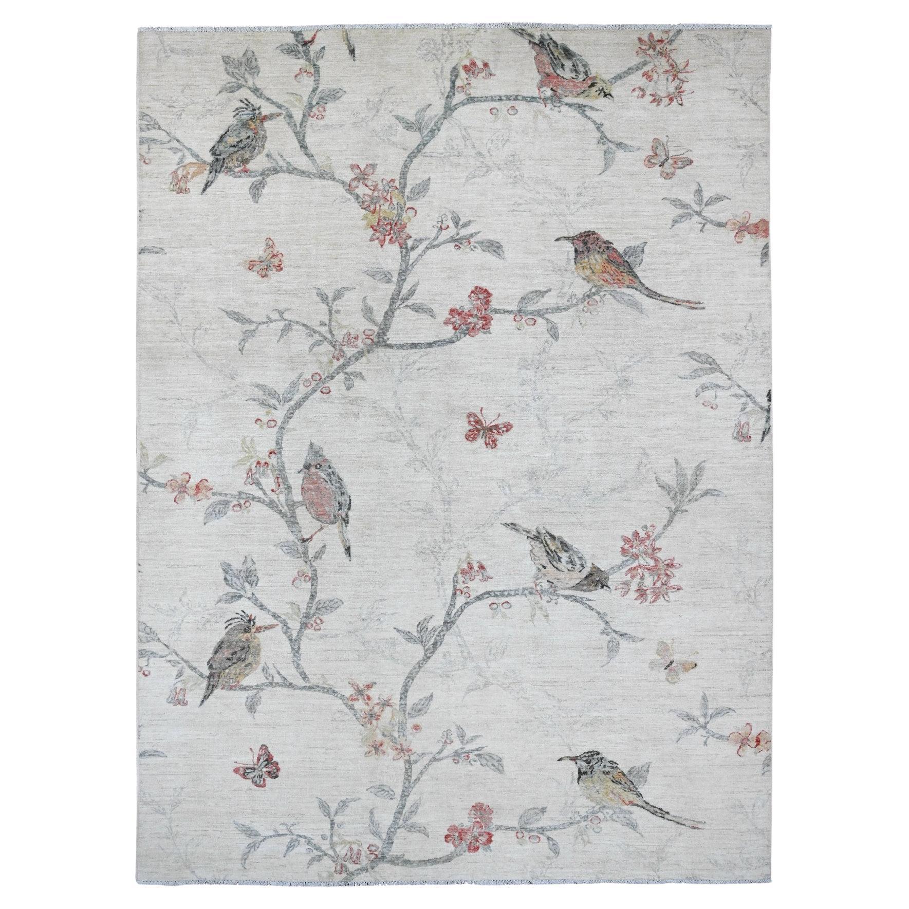 8'7 "x11'8" Daisy White Tapis noué à la main Sparrows on the Tree Peshawar Pure Wool Rug en vente