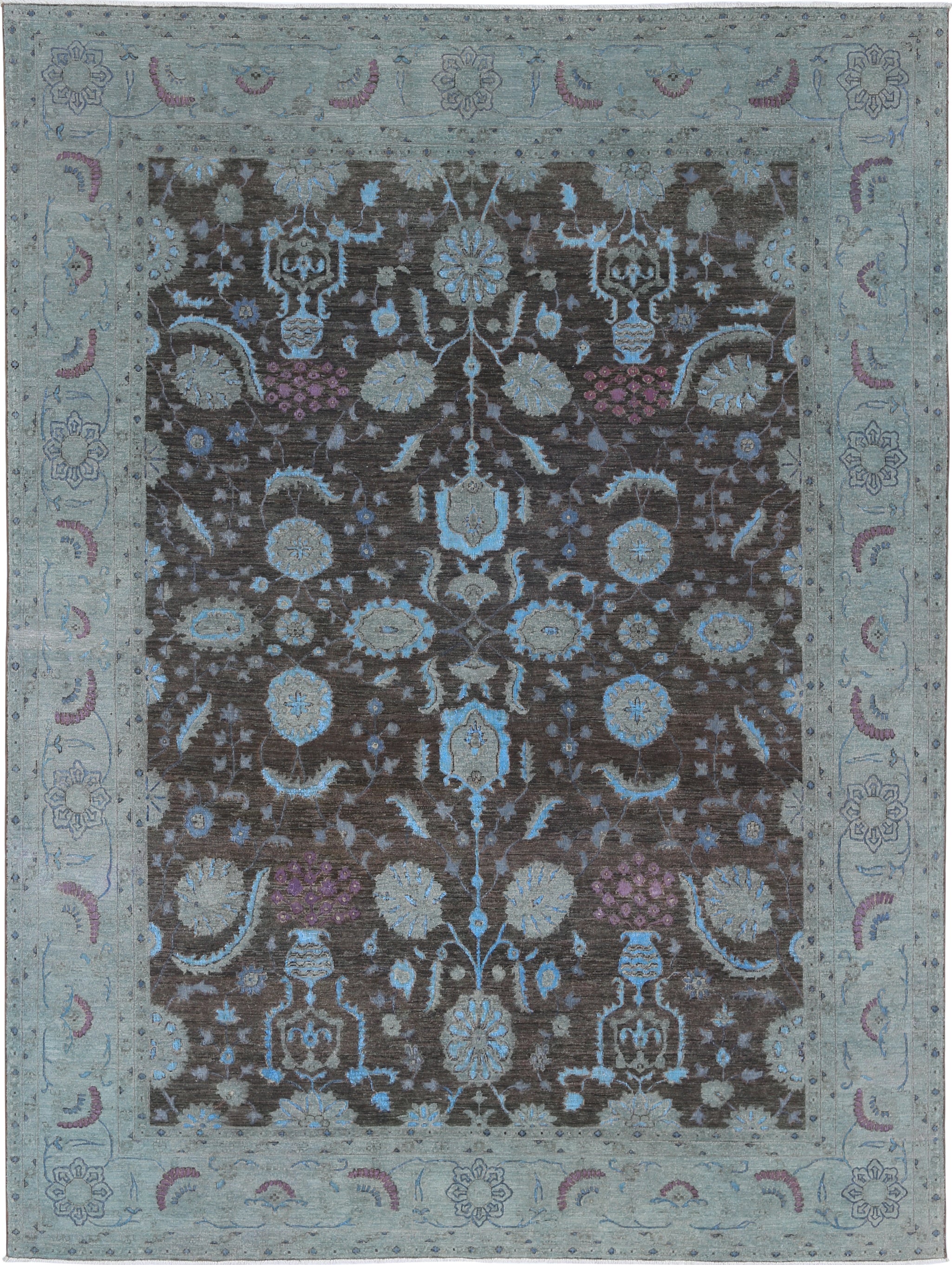 8.7x11.8 ft Handmade Gray, Light Blue & Lavender Rug. Floral Vase Design Carpet For Sale