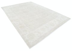 8.7x12 ft Hand Knotted Oushak Rug. Beige Wool Carpet with All-Over Floral Design