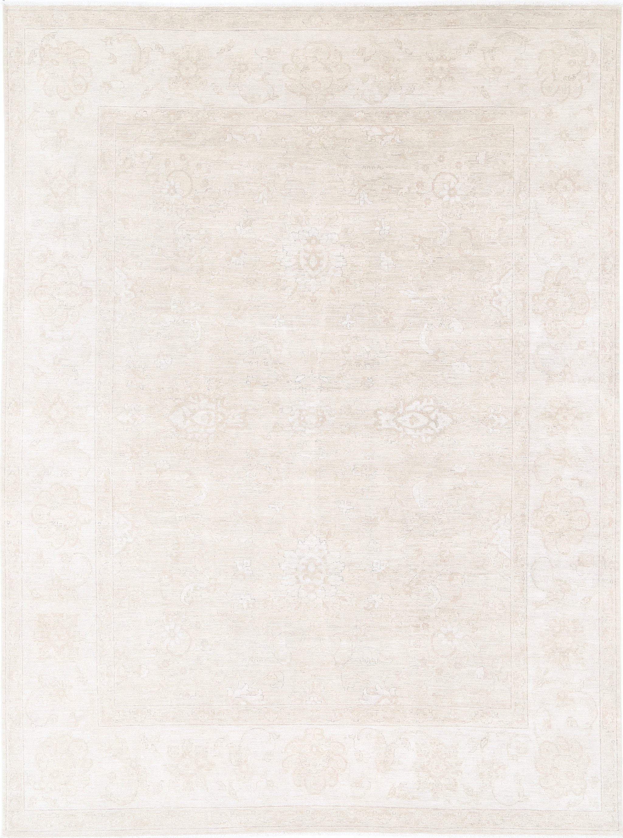 8.7x12 ft Hand Knotted Oushak Rug. Beige Wool Carpet with All-Over Floral Design