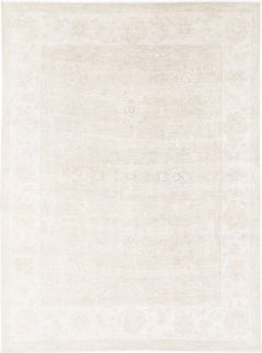 8.7x12 ft Hand Knotted Oushak Rug. Beige Wool Carpet with All-Over Floral Design