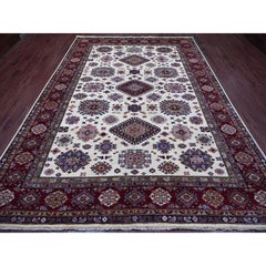 8'7"x12' Ivory Afghan Super Kazak Medallions Design Hand Knotted Soft Wool Rug