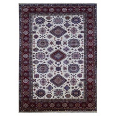 8'7"x12' Ivory Afghan Super Kazak Medallions Design Hand Knotted Soft Wool Rug