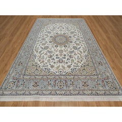 8'7"x12' Ivory Nain with Flower Medallion Design Hand Knotted Wool and Silk Rug
