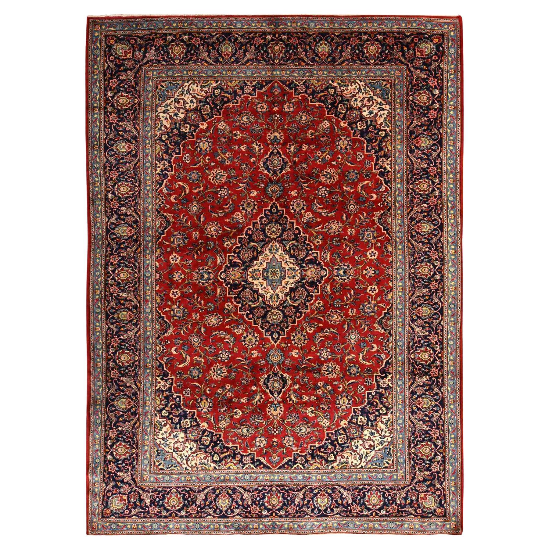 8'7 "x12' Rouge Semi-Antique Persan Kashan Tapis à poils entiers en pure laine nouée à la main
