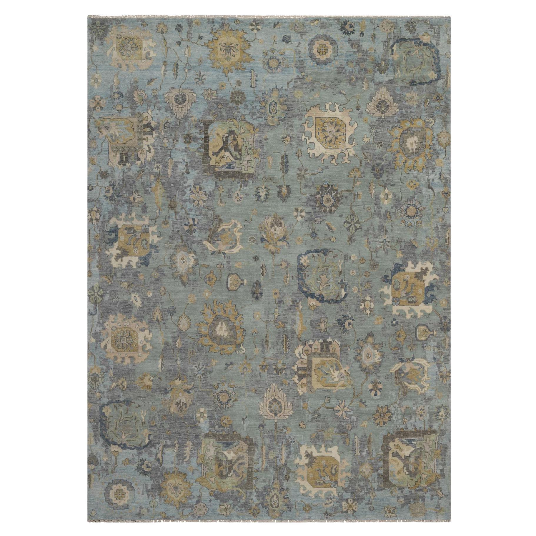 8
7 "x12
 Alfombra de Lana Anudada a Mano Verde Limo Oushak con Patrón de Hojas por Encima en venta