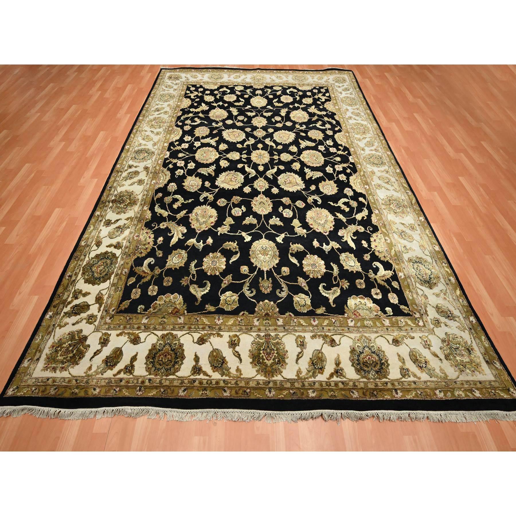 Jade Black, Rajasthan with All Over Leaf Design, Hand Knotted, Wool and Silk, Densely Woven, Thick and Plush, Oriental Rug
Primary materials: Wool & Silk
Latex: No Pile 
height: 0.25 Inches
Style: Traditional
Primary color: Black
Secondary colors: