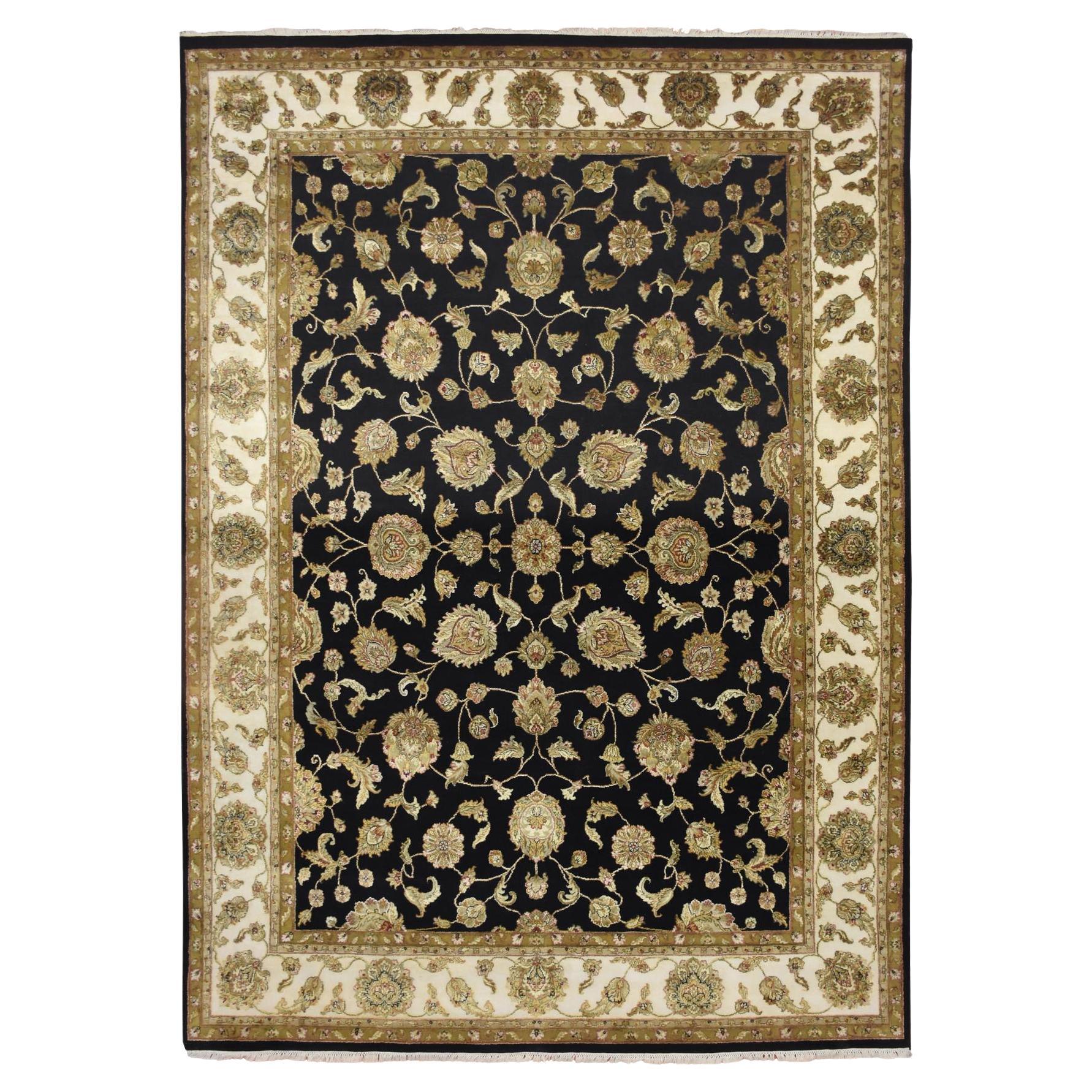 8'7 "x12'1" Jade Negro Rajasthan con Diseño de Hojas Alfombra de Lana y Seda Anudada a Mano