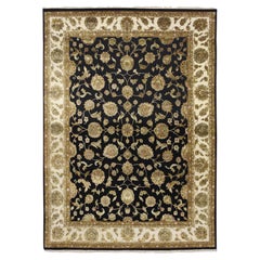 8'7"x12'1" Jade Black Rajasthan with Leaf Design Hand Knotted Wool and Silk Rug
