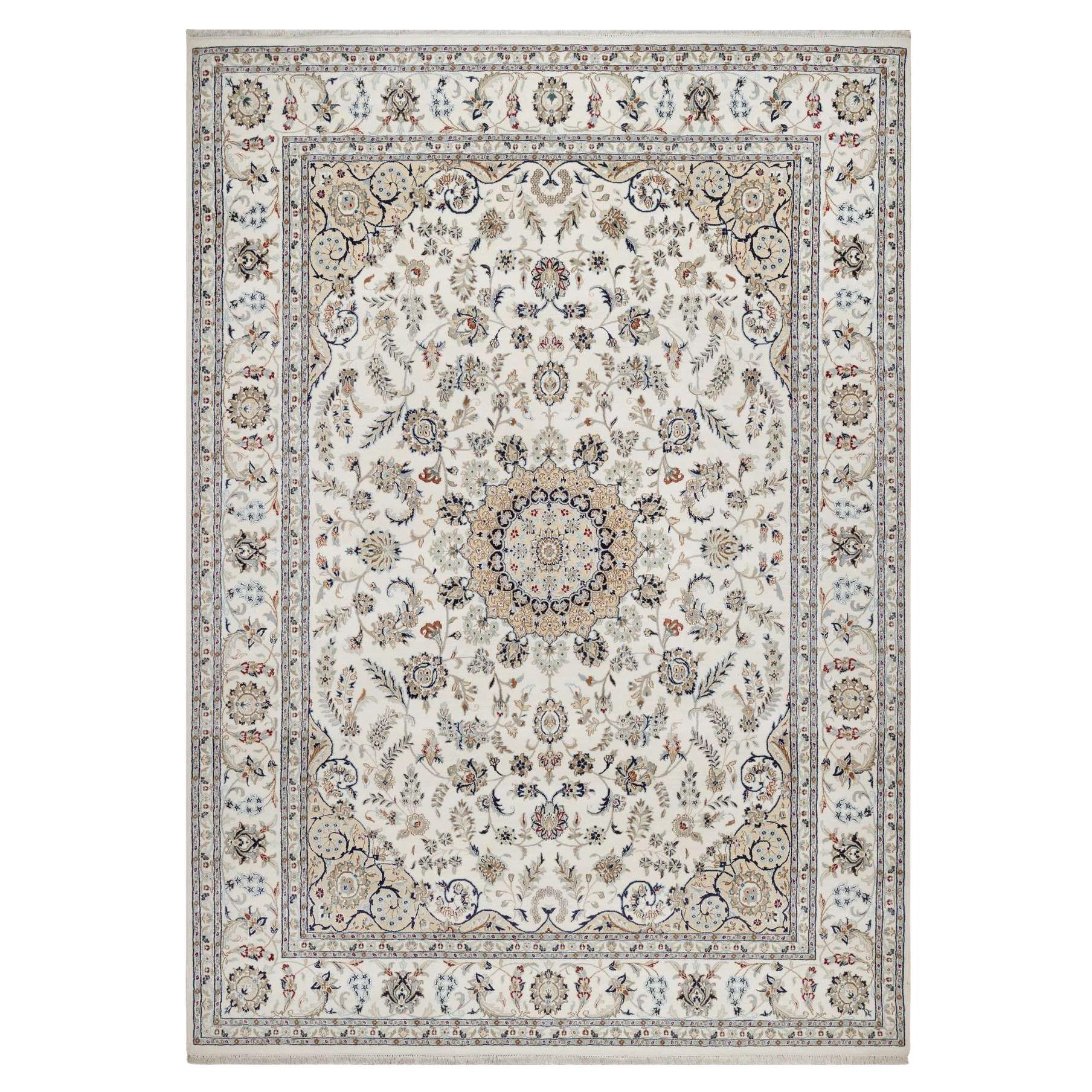 8
7 "x12
2" Ivory Nain with Flower Medallion Designs Tappeto in lana e seta annodato a mano