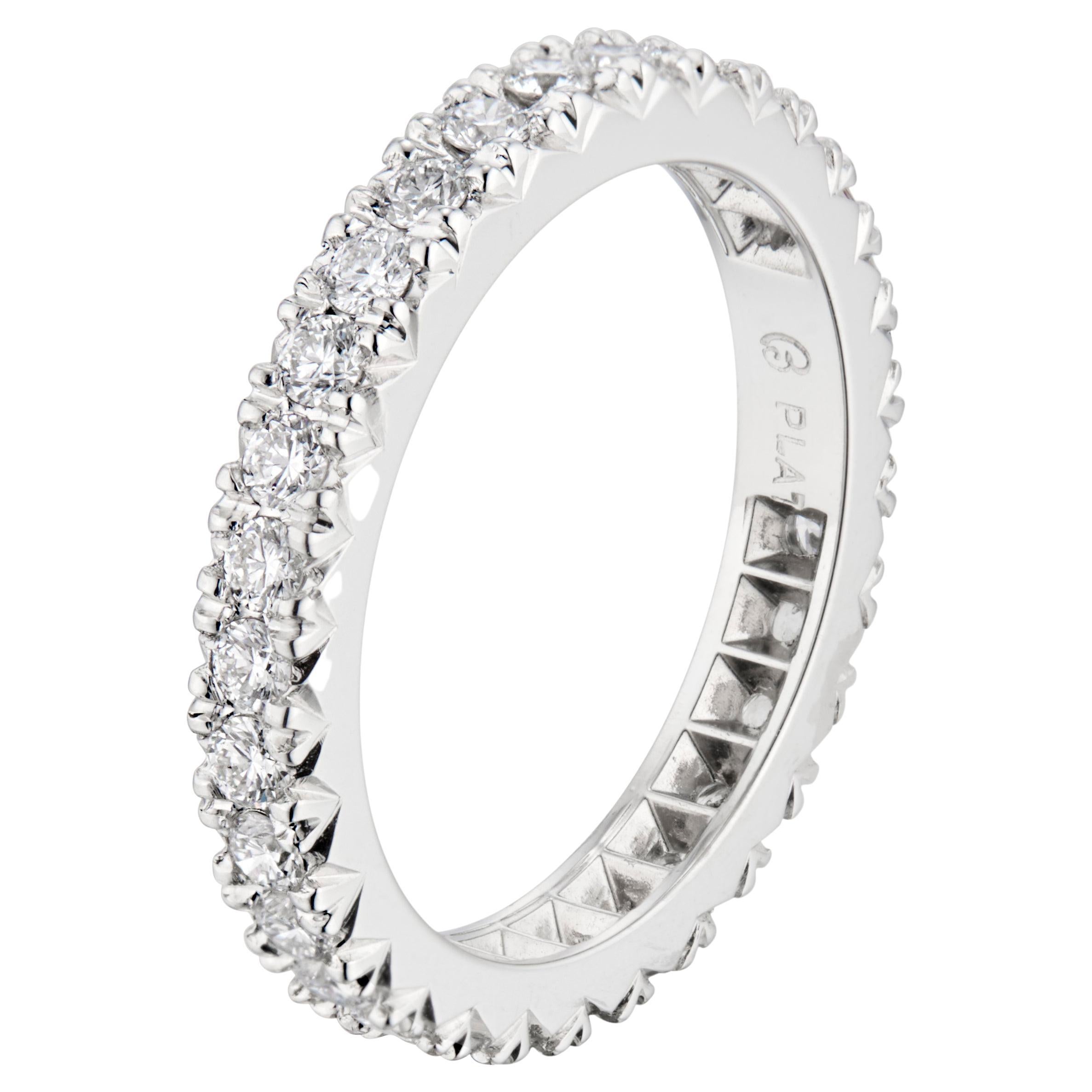 Diamond wedding band ring. 30 round brilliant cut diamonds set in a platinum eternity wedding band ring. 

30 round brilliant cut diamonds, G VS approx. .88cts
Size 6.5 and not sizable
Platinum 
Stamped: PLAT
5.6 grams
Width at top: 3mm
Height at