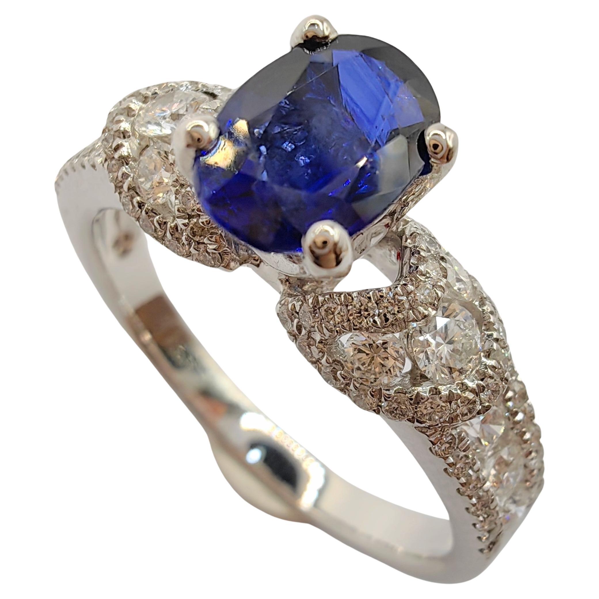 .88 Carat Oval-Cut Sapphire 88 Diamond Cluster Ring in 18k White Gold