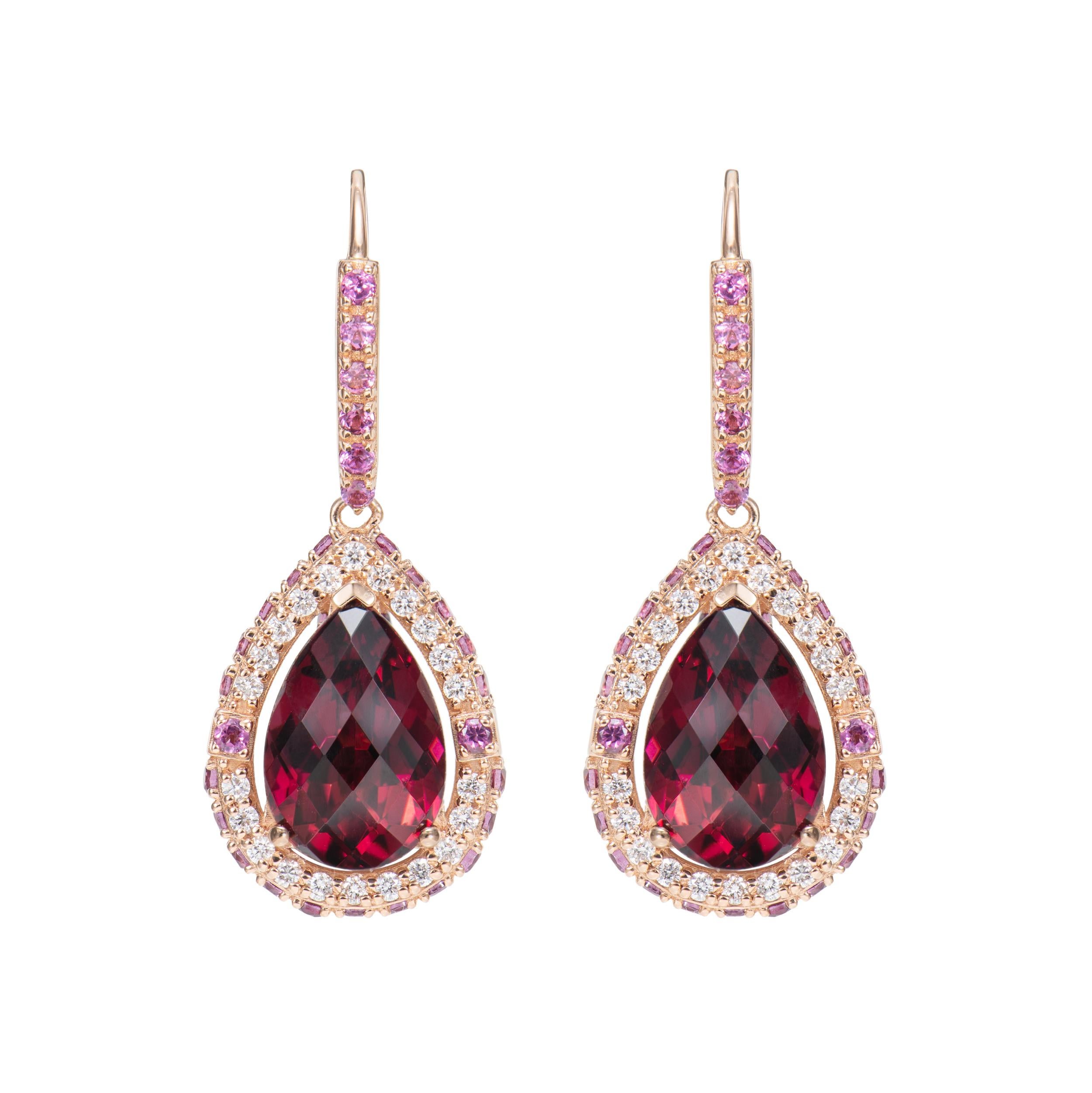 Contemporary 8.8 Carat Rhodolite Drop Earring in 18 Karat Rose Gold with White Diamond For Sale