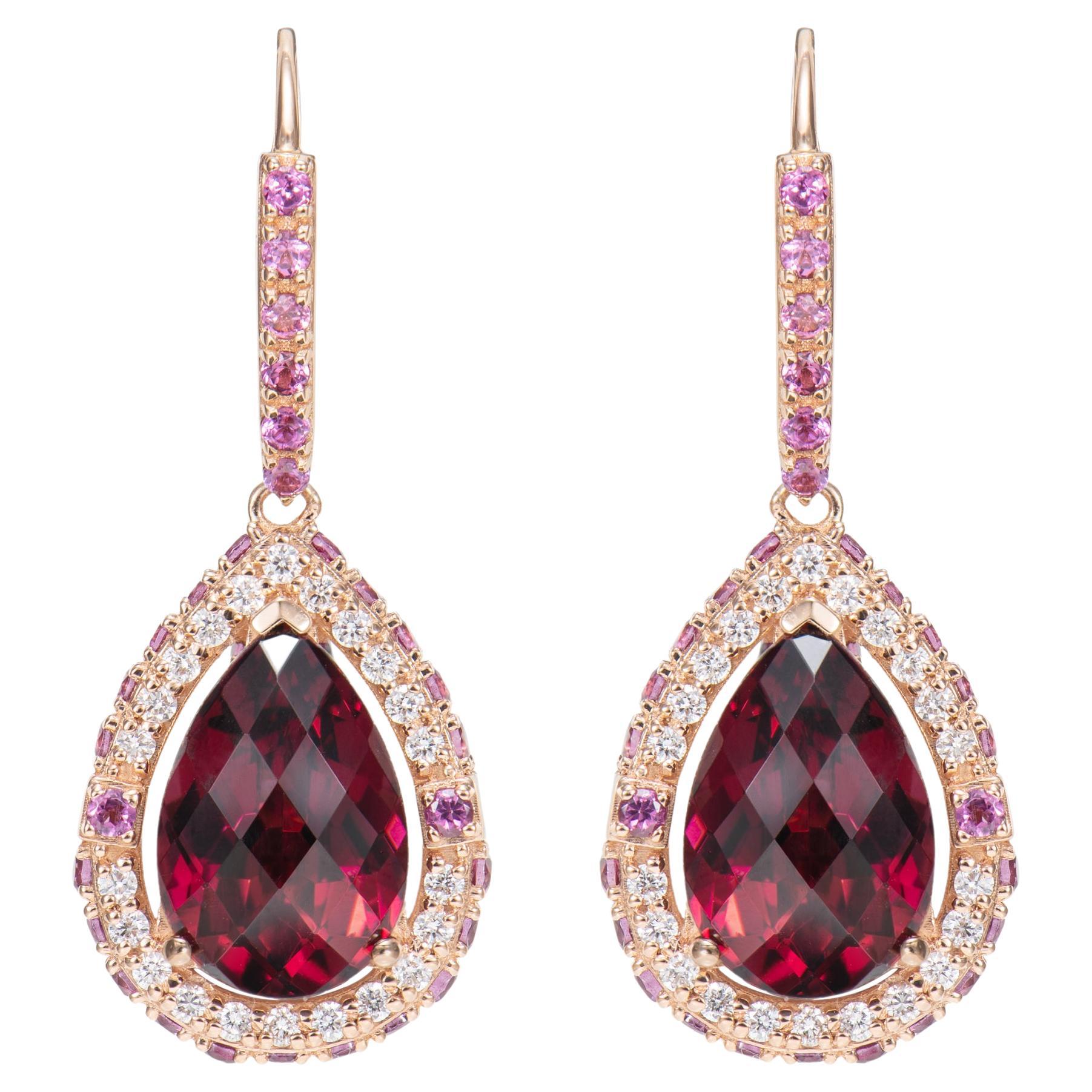 Boucles d'oreilles pendantes en or rose 18 carats et rhodolite de 8,8 carats avec diamants blancs