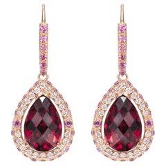 Boucles d'oreilles pendantes en or rose 18 carats et rhodolite de 8,8 carats avec diamants blancs