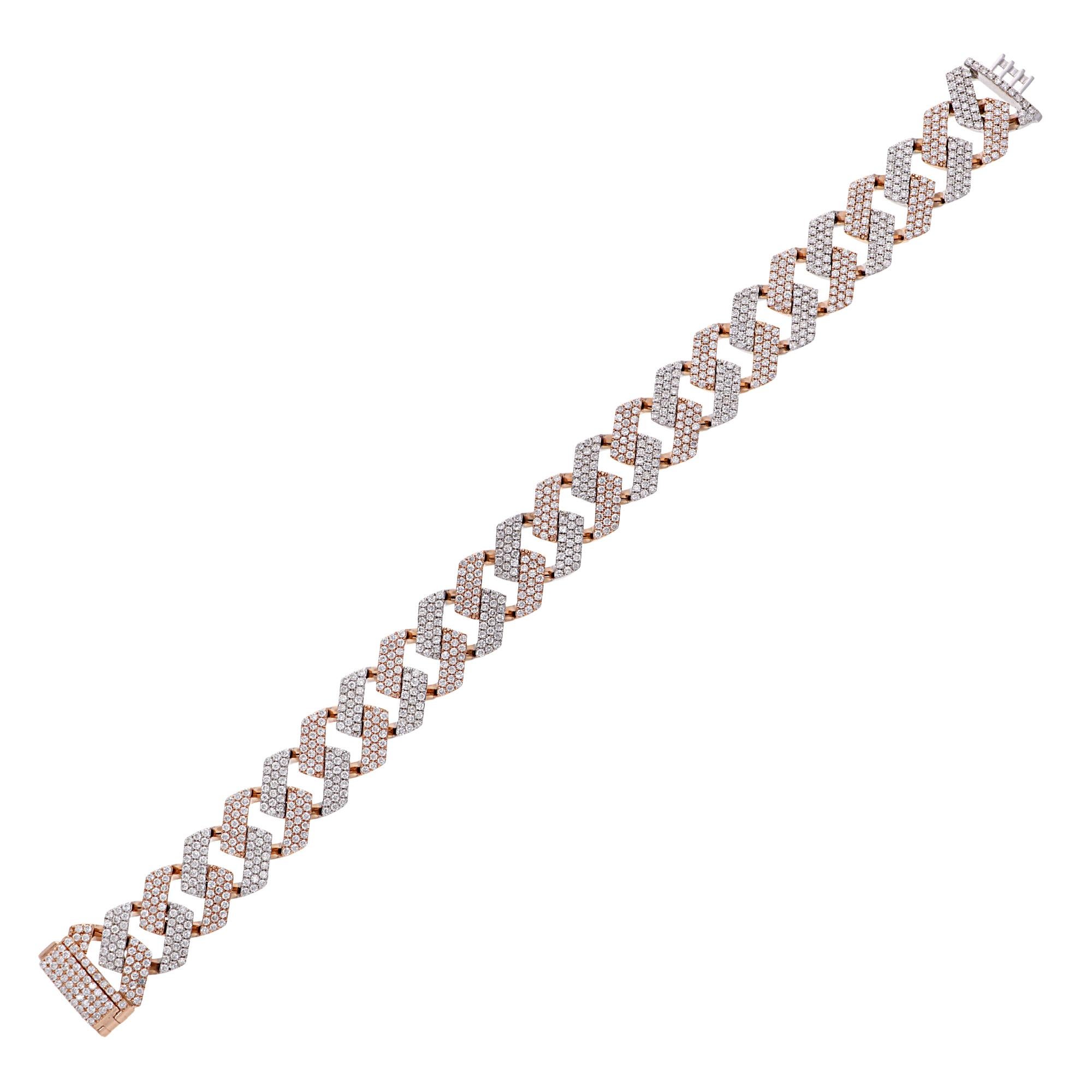 Moderne 8.8 Carat SI Clarity HI Color Diamond Link Chain Bracelet 14 Karat Two Tone Gold en vente