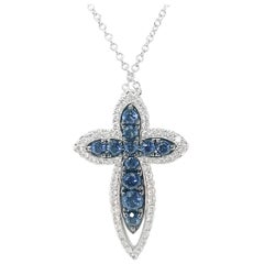 Blue Sapphire Cross with Diamond Frame, 18k White Gold Necklace SOLD