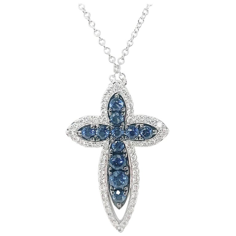 .88 ct. t.w. Blue Sapphire, Diamond, White Gold Cross Pendant Drop