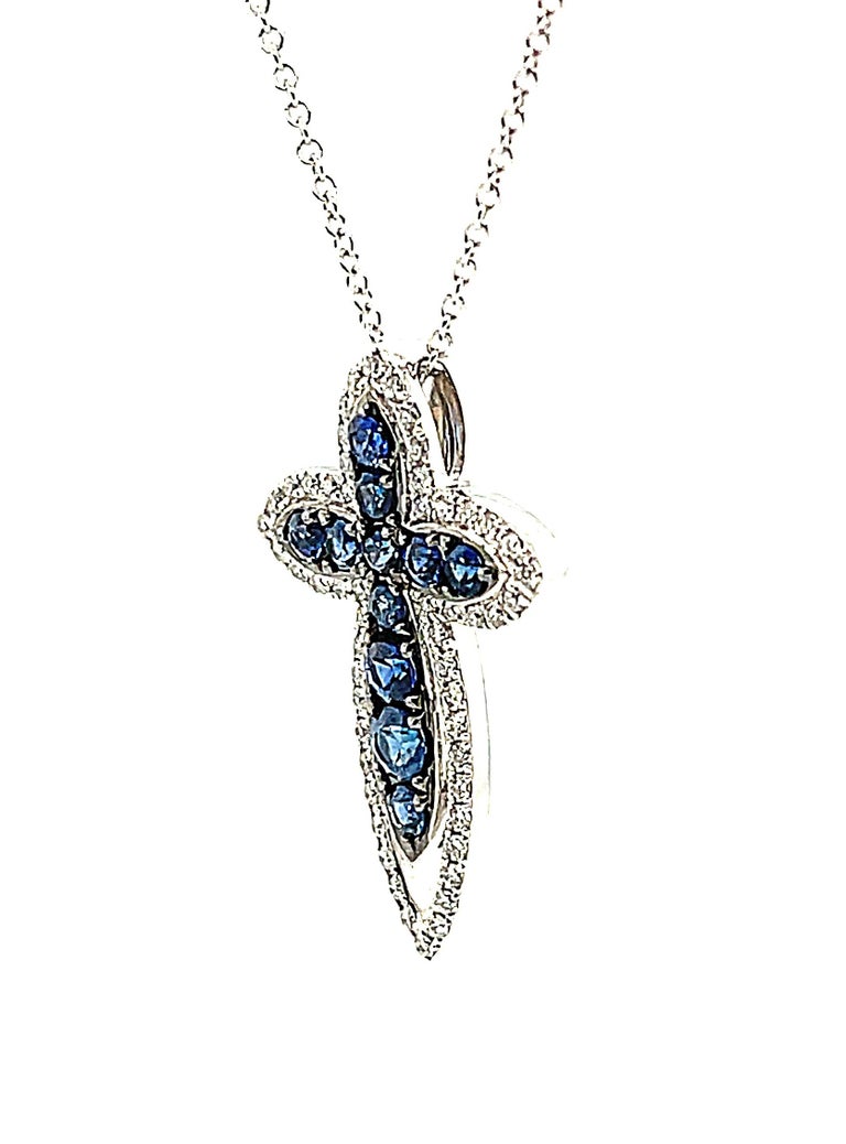 .88 ct. t.w. Blue Sapphire, Diamond, White Gold Cross Pendant Drop