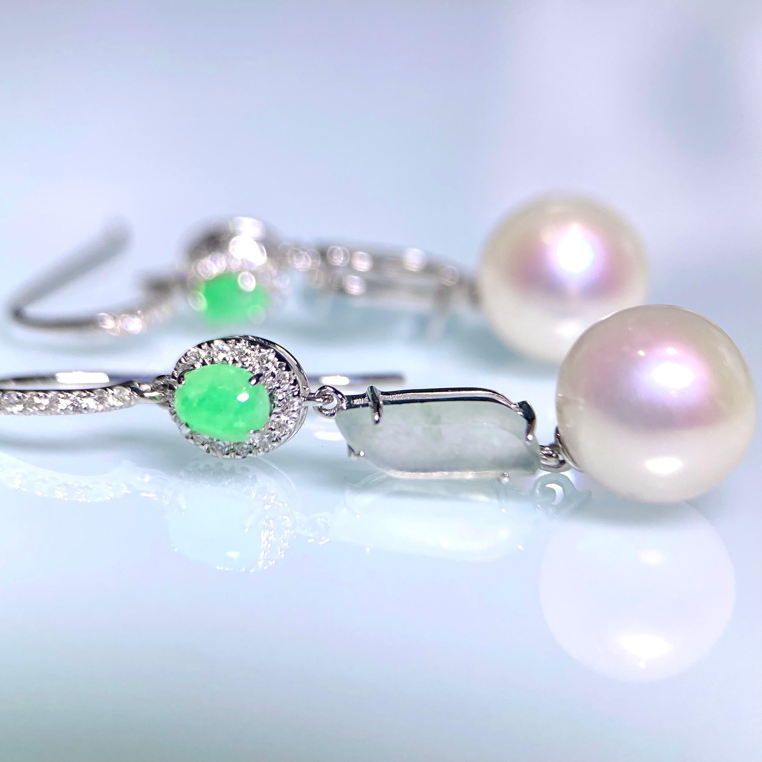 Contemporary Eostre Akoya Pearl, Type A Green & White Jadeite and Diamond Earring in 18K Gold For Sale