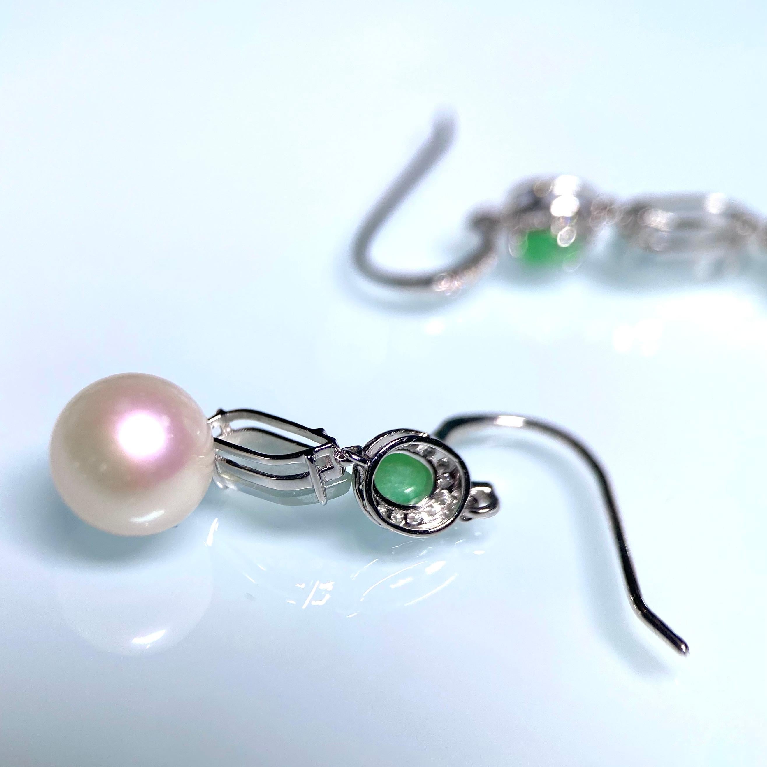 Cabochon Eostre Akoya Pearl, Type A Green & White Jadeite and Diamond Earring in 18K Gold For Sale