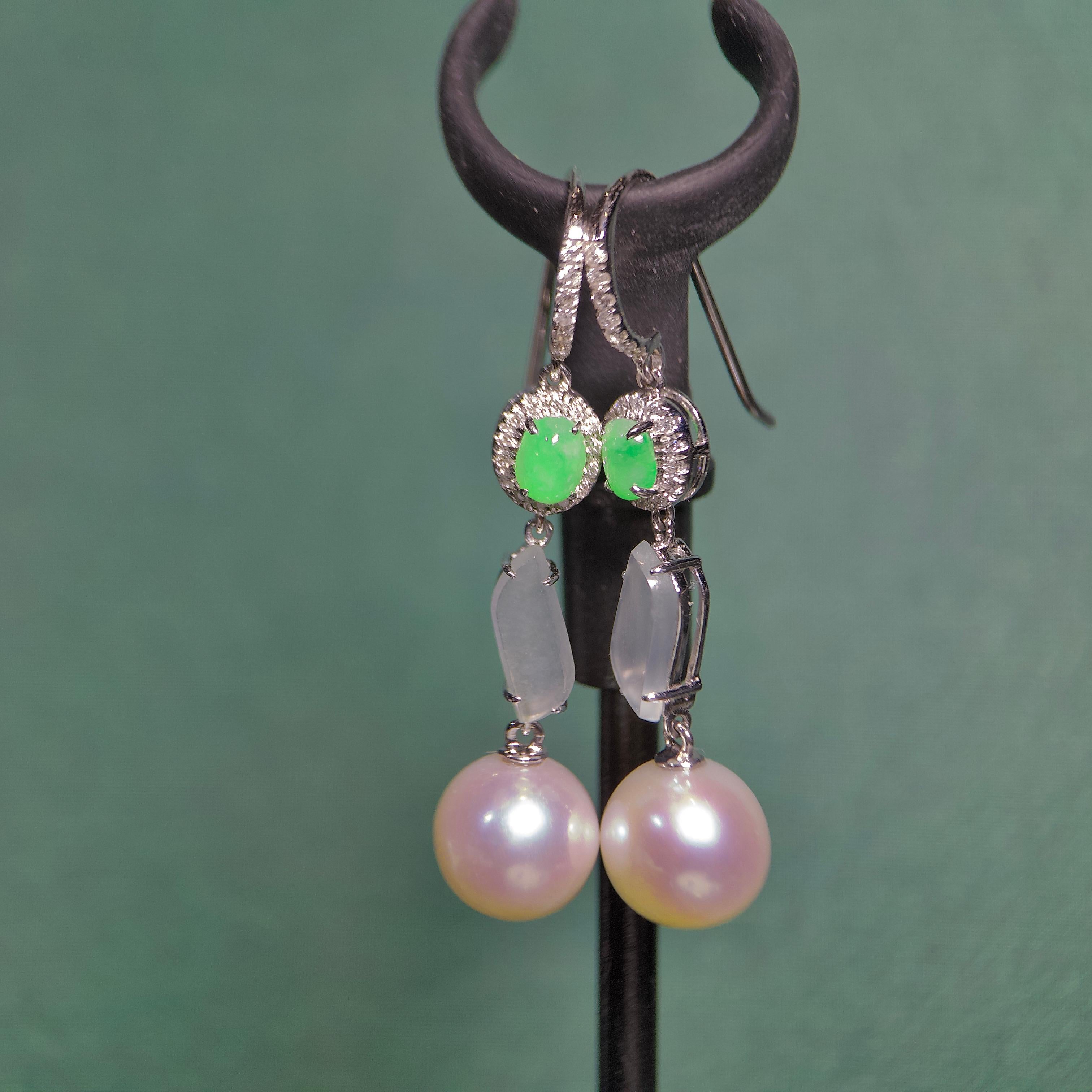 Eostre Akoya Pearl, Type A Green & White Jadeite and Diamond Earring in 18K Gold In New Condition For Sale In Melbourne, AU