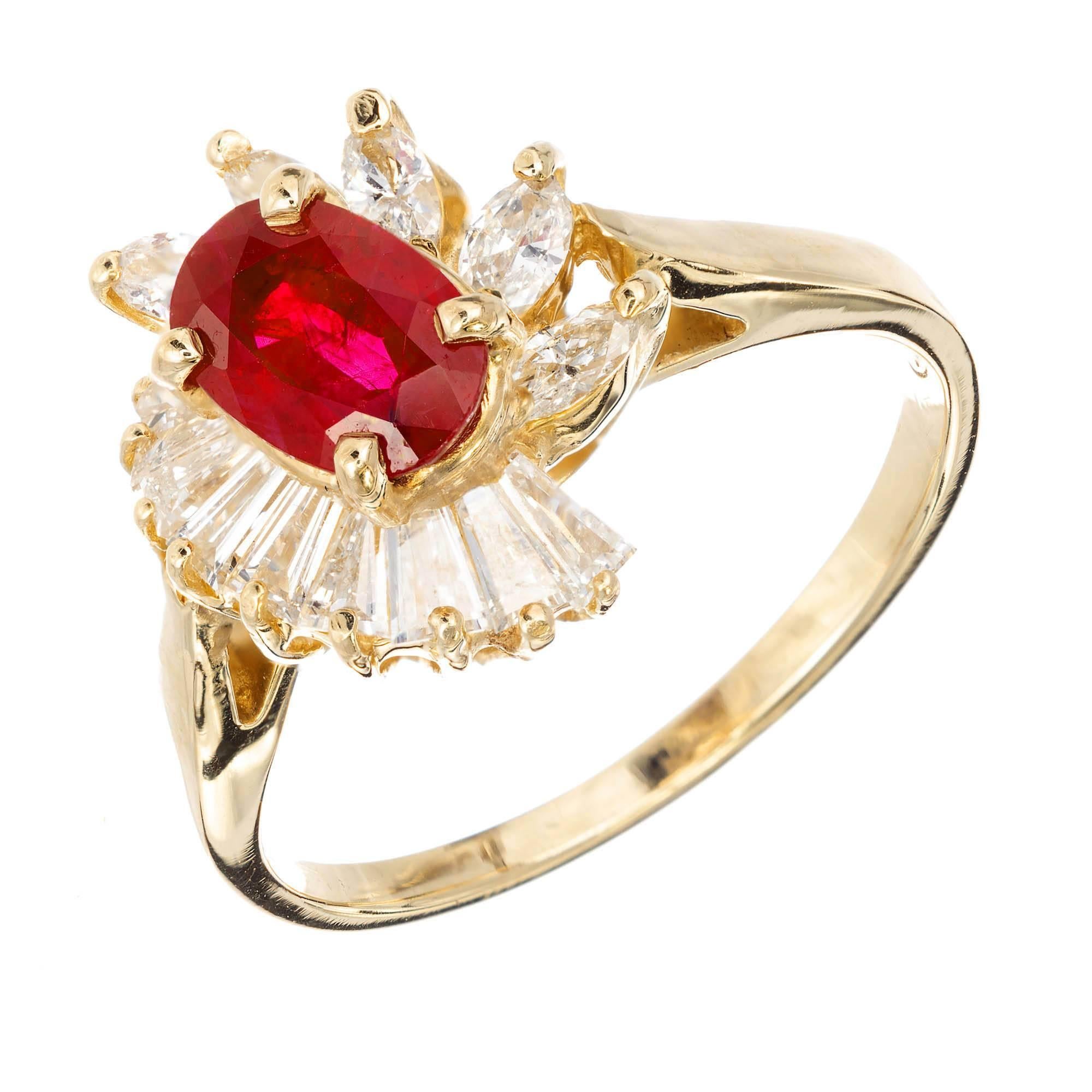 .88 Oval Ruby Diamond Halo Gold Engagement Ring For Sale