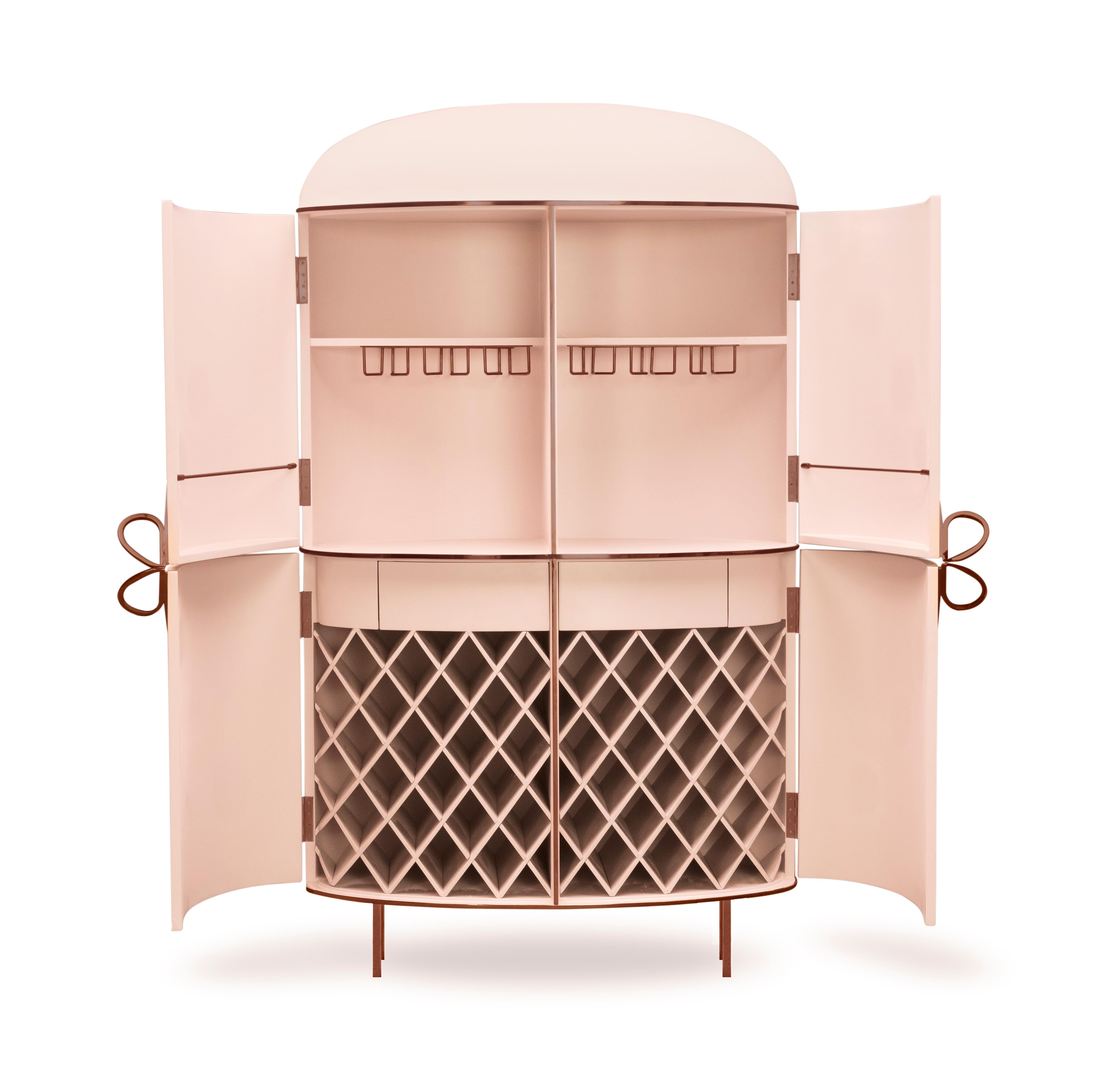 Modern 88 Secrets Pink Bar Cabinet with Rose Gold Trims by Nika Zupanc For Sale