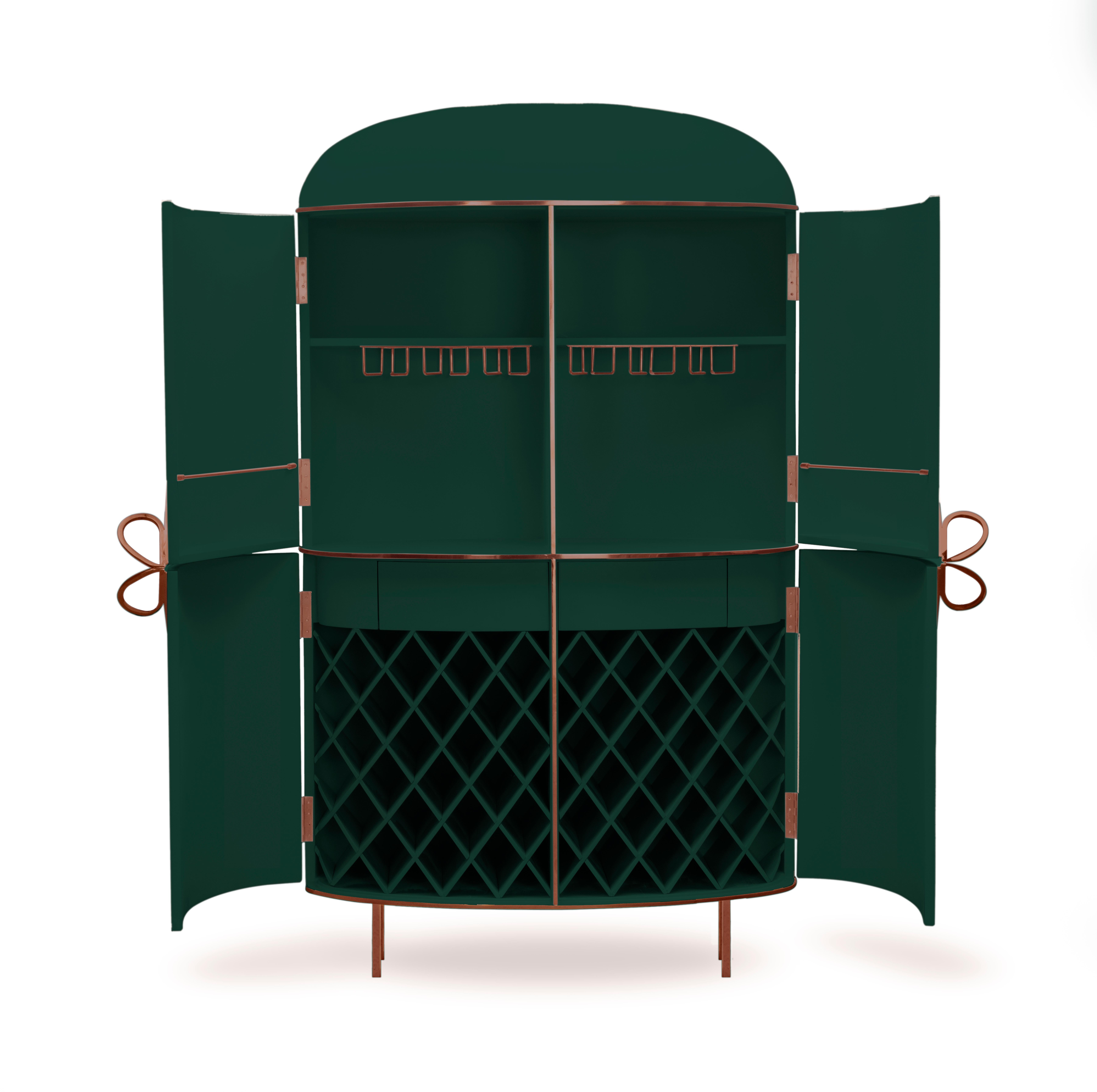 88 Secrets Green Bar Cabinet with Rose Gold Trims by Nika Zupanc is a rich, deep green bar cabinet in sensuous, feminine lines with luxurious metal trims in rose gold. A statement piece in any interior space!

Nika Zupanc, a strikingly renowned