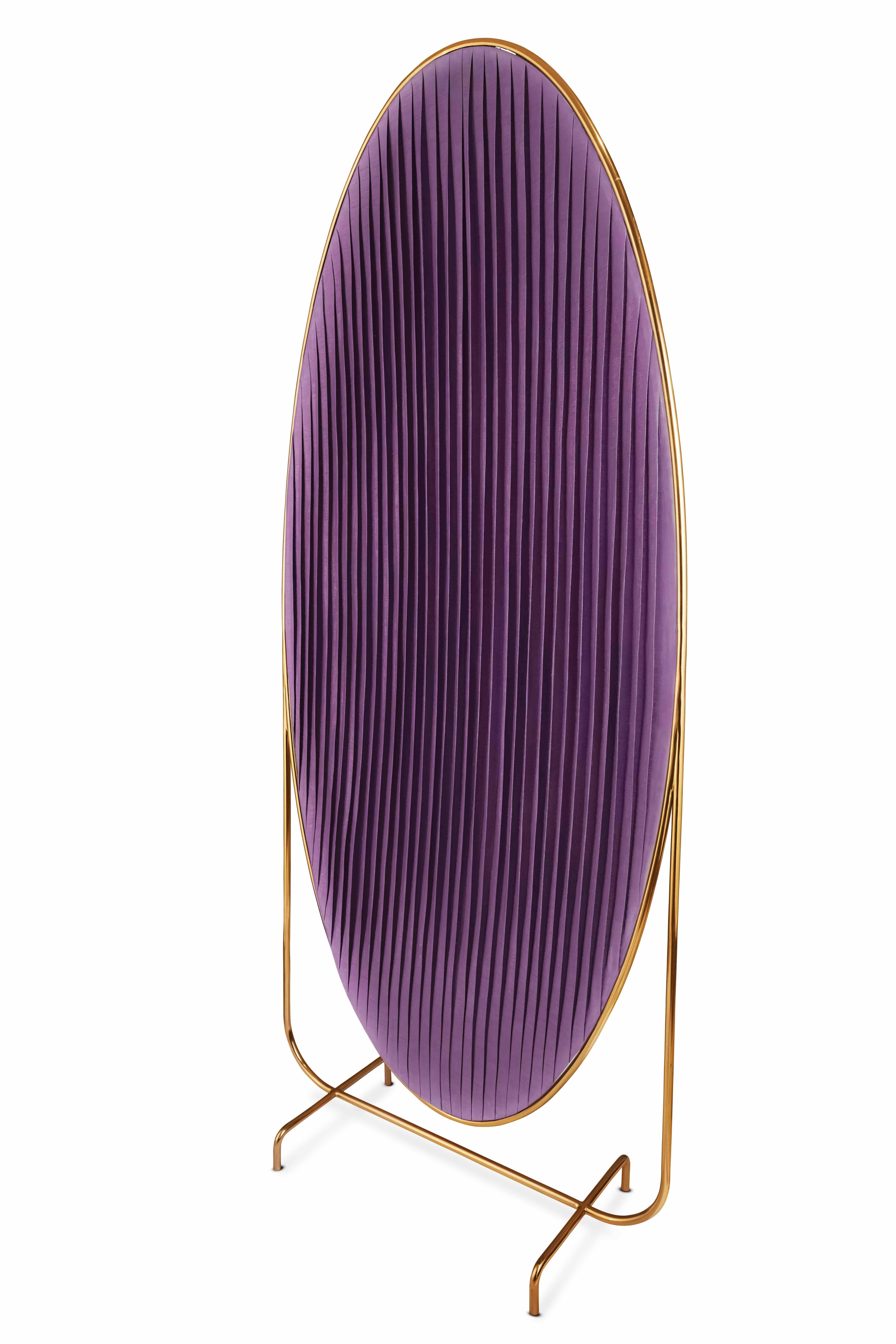 88 Secrets screen in gold metal and purple silk by Nika Zupanc is a tall and elegant room divider. It has a metal frame with meticulously pleated purple silk fabric.

Nika Zupanc, a strikingly renowned Slovenian designer, never shies away from