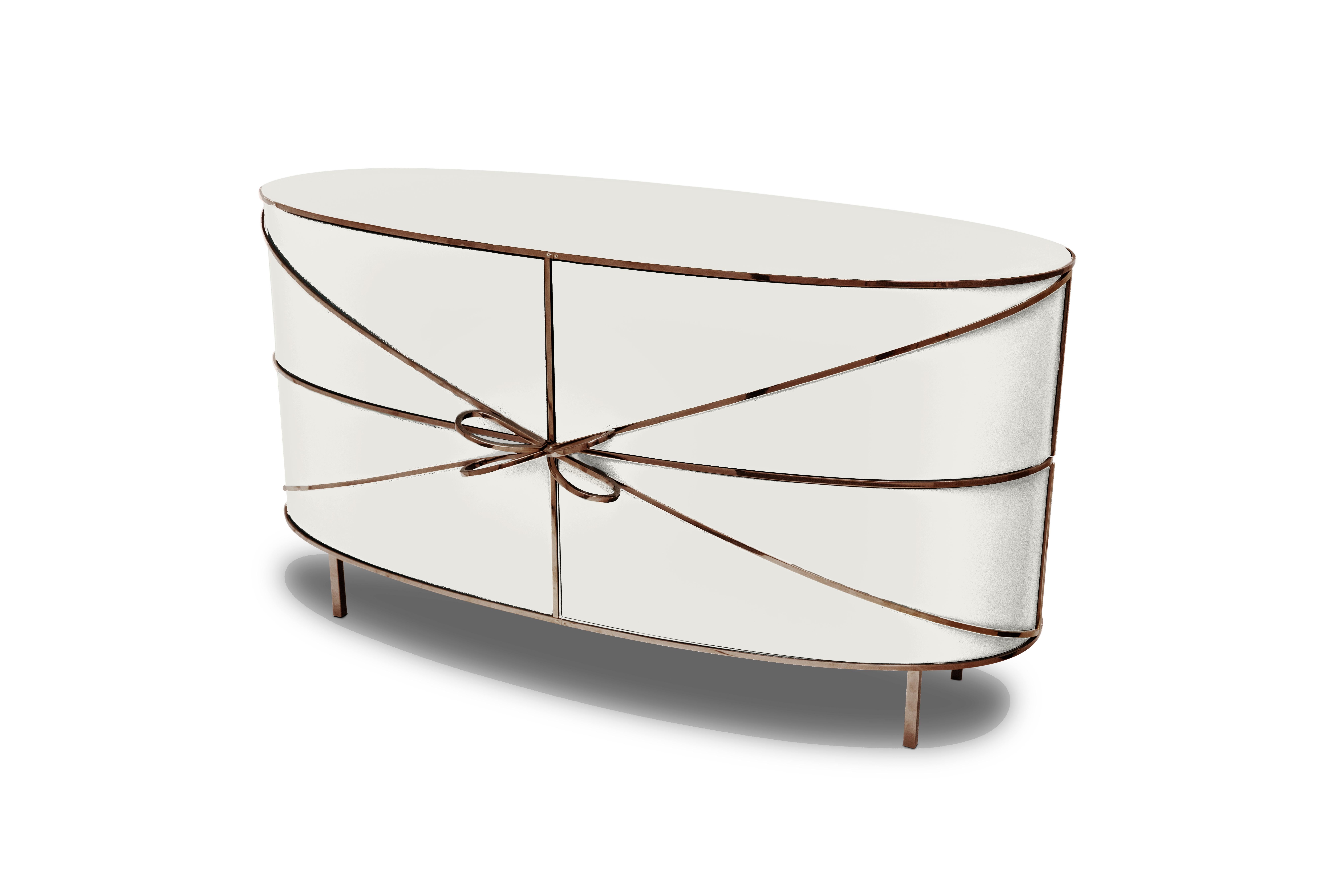 88 Secrets White Sideboard with Rose Gold Trims de Nika Zupanc est un meuble blanc immaculé aux lignes sensuelles et féminines avec de luxueuses garnitures en métal rose. Une pièce maîtresse dans tout espace intérieur !

Nika Zupanc, designer